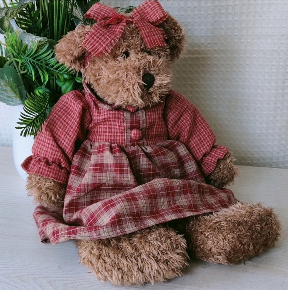 Serina Tan Teddy Bear w/Red and Tan Plaid Dress & Matching Head Band Plush Toy